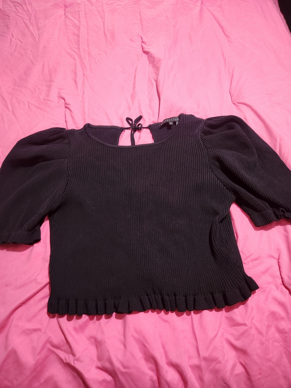 Endless Rose Puff Sleeve Open Black Knit Top